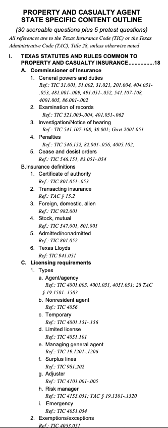 Insurance exam content outline example